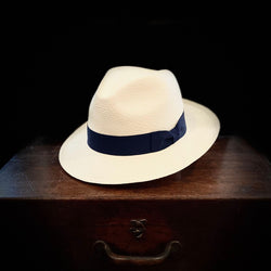 White straw cuenca weave classic panama hat midnight blue band