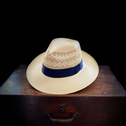 Natural straw calados weave finely woven panama hat blue band montecristi