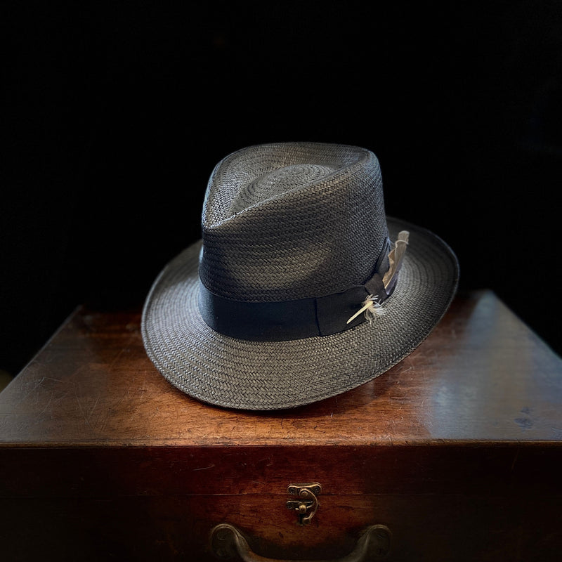 Black straw, 6cm medium brim classic Panama hat with black grosgrain headband 