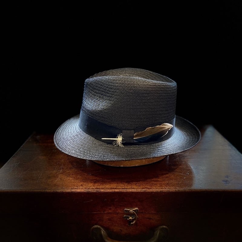 Black straw, 6cm medium brim classic Panama hat with black grosgrain headband 